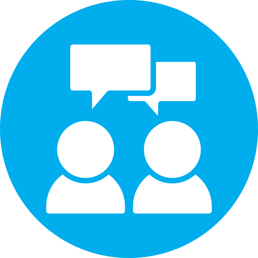 A blue circle with an icon of two people talking inside of it