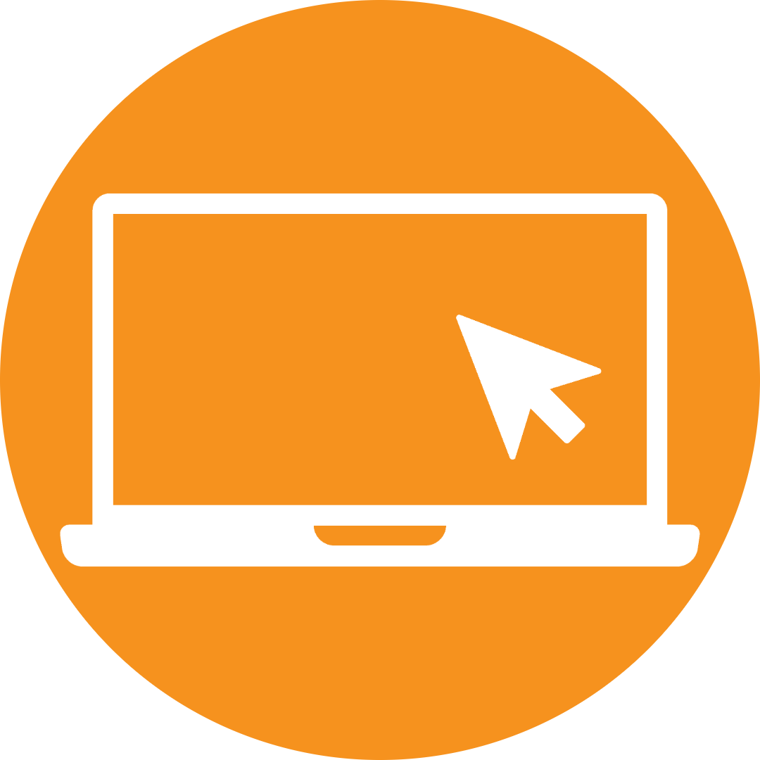An orange circle with an icon of a laptop inside