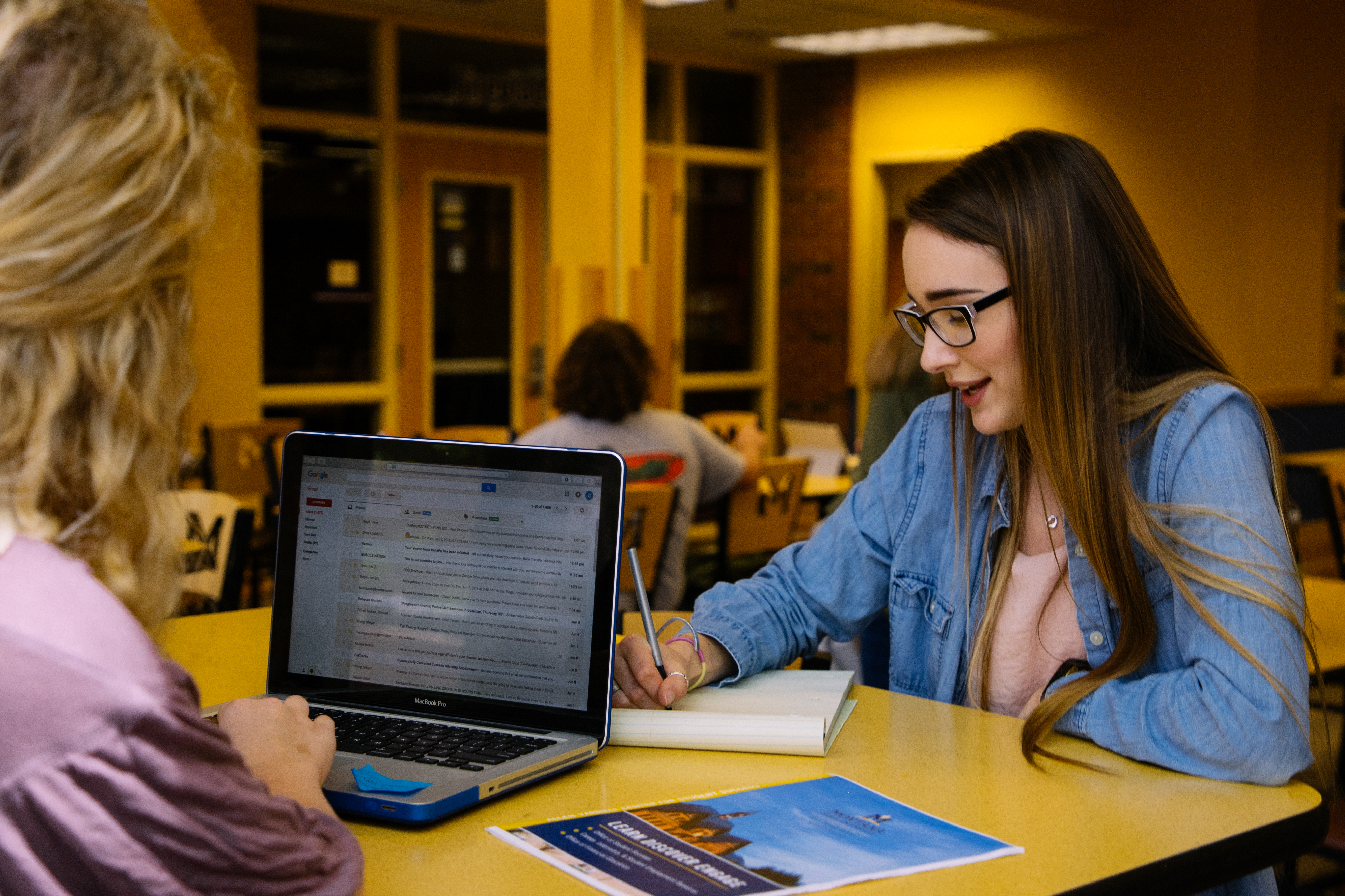 A student working with an advisor at a laptop