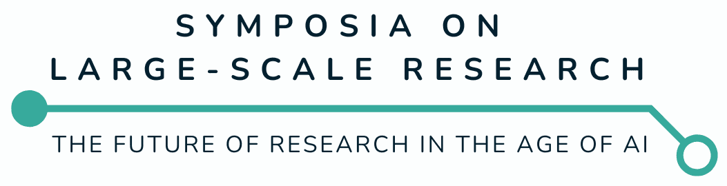 Image with text SYMPOSIA ON LARGE-SCALE RESEARCH THE FUTURE OF RESEARCH IN THE AGE OF Al, with a horizontal line running across, punctuated by map-like dots on either end.
