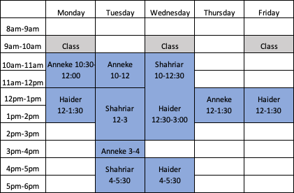 EGEN 205 tutoring schedule in weekly table format