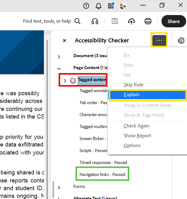 Adobe Acrobat accessibility report showing passed items, failed items, and the Explain option highlighted