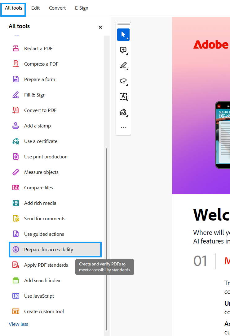 Adobe Acrobat desktop app with the All Tools button selected and the Accessibility option highlighted