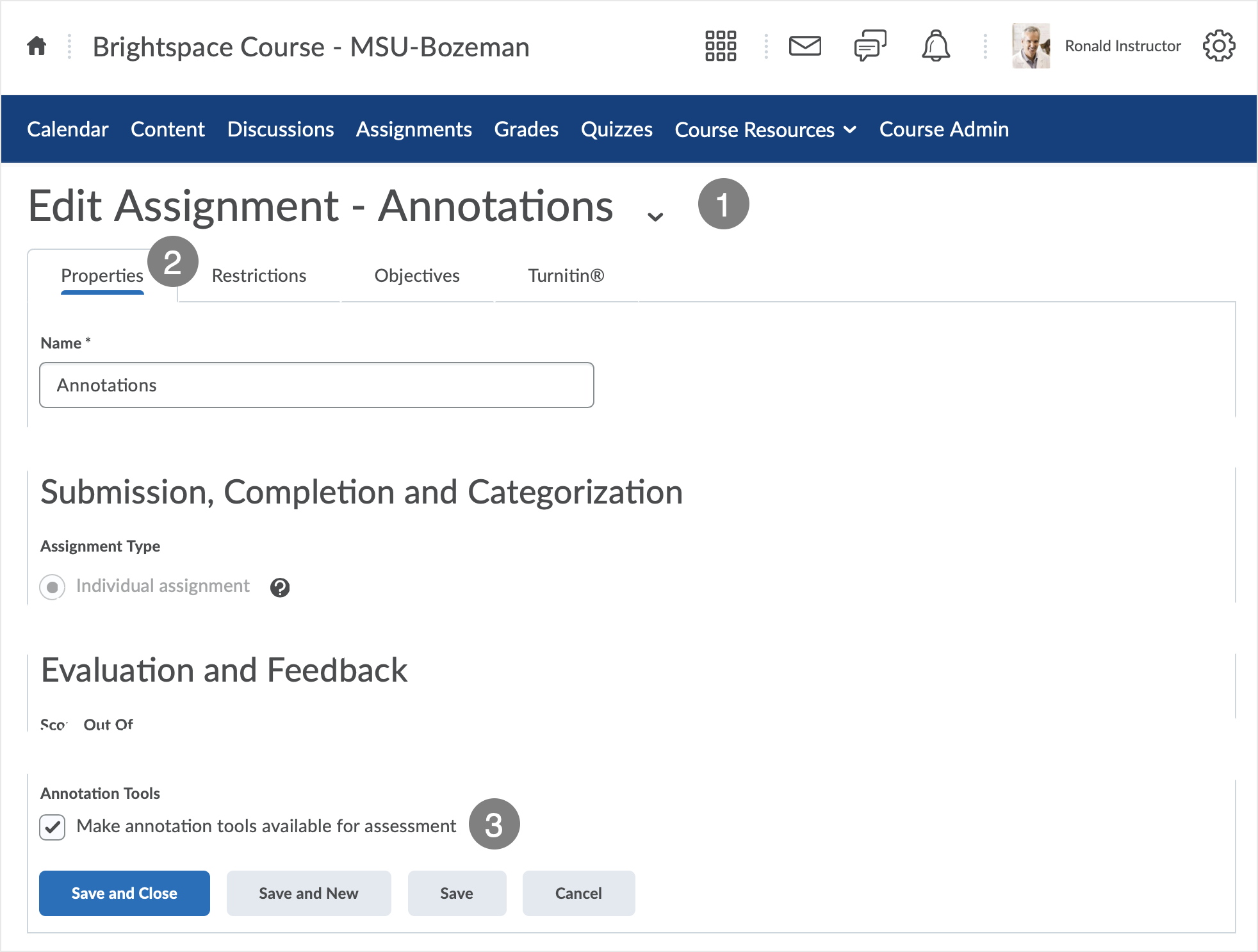 Brightspace screenshot - CD 20_20_10 - "Make annotation tools available for assessment" selection is visible at the bottom of the Properties tab of an assignmenmt folder