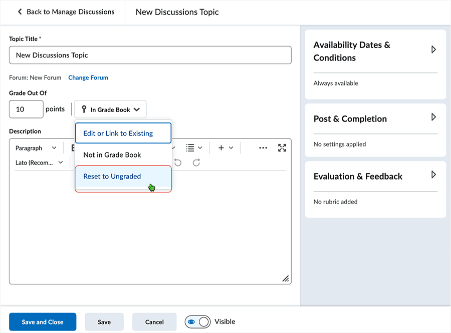 Brightspace screenshot 20.23.04 - Selecting "Ungraded" from the "Grade Out Of" area