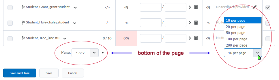 D2L20.19.6 screenshot - dropbox associated with the "Results Per Page" display controller