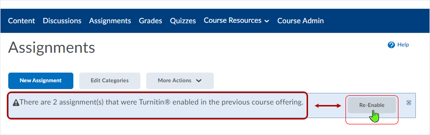 Brightspace screenshot 20.21.10 - Re-enable Turnitin enabled assignments from a previous course