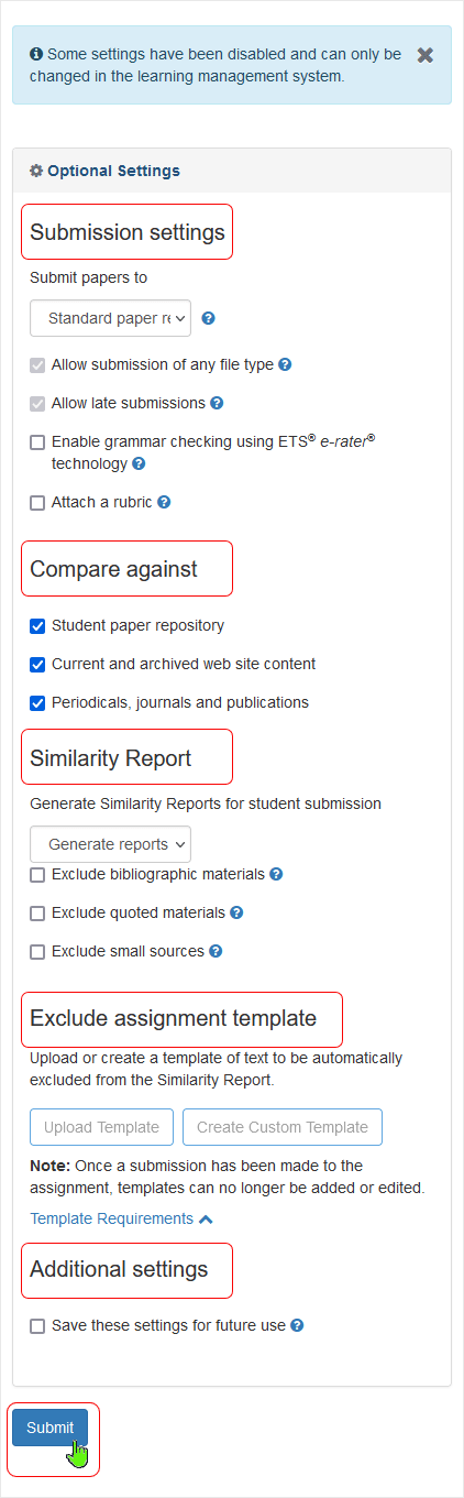 Brightspace screenshot 20.22.10 - Turnitin Optional Settings page shows with sections