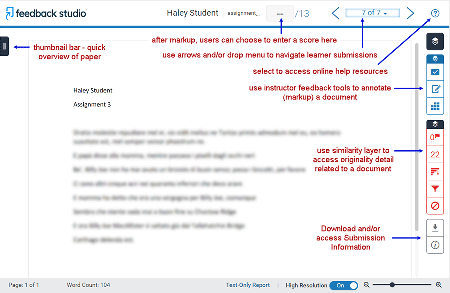 Brightspace screenshot 20.22.10 - overview Feedback Studio instructor view featuring markup tools, similarity layer, and other assorted features