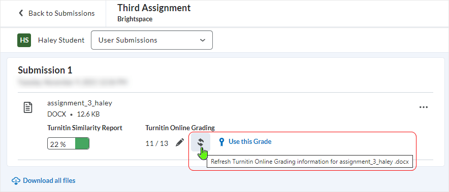 Brightspace screenshot 20.22.10 - refresh the Online Grading score in the Brightspace feedback area as necessary by selecting the refresh icon