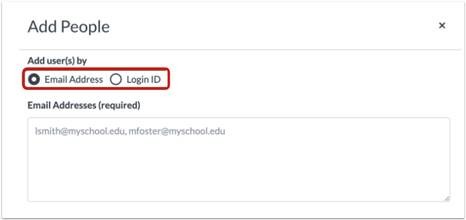 box in Canvas with the two options of using email or Login ID outlined in red