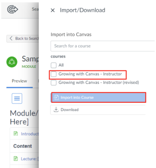 Canvas Commons page highlighting the red-outlined Import/Download button for the resource named Sample module, with a red-outlined back to search button at the top right.