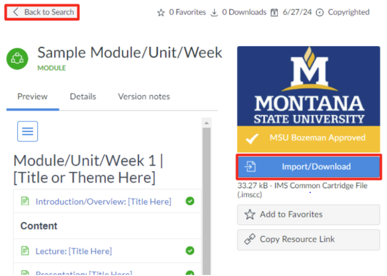 Canvas Commons page showing MSU Branded homepage next to a list of items within the resource. 