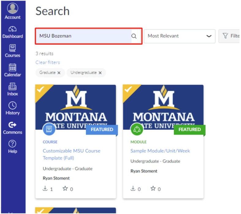 Canvas Commons search window with a search bar outlined in red, containing the text "MSU Bozeman.
