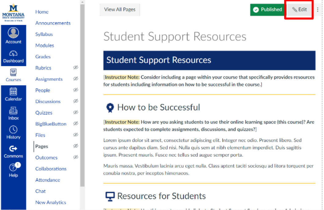 Student Support Resources Page with the edit button outlined in red