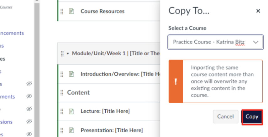 Pop out window from Canvas module with a practice course selected and the copy button outlined in red