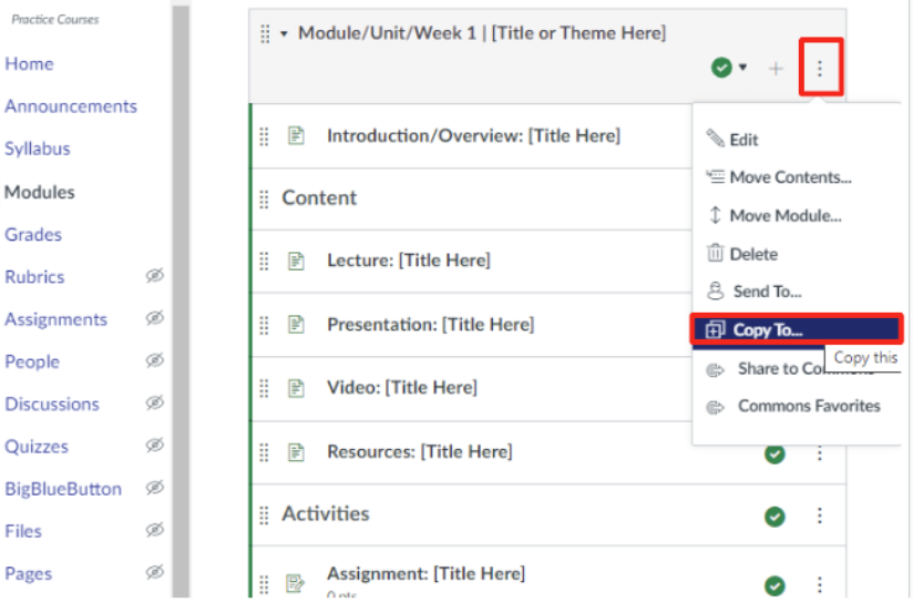 Modules with the edit menu on display with "copy to" outlined in red