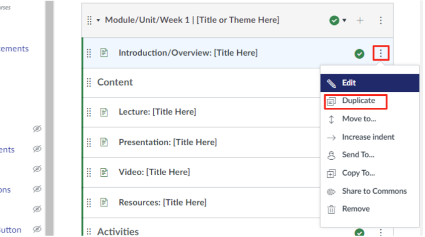 Canvas module showing a drop-down menu with the three dots that prompt the dropdown and the duplicate option outlined in red