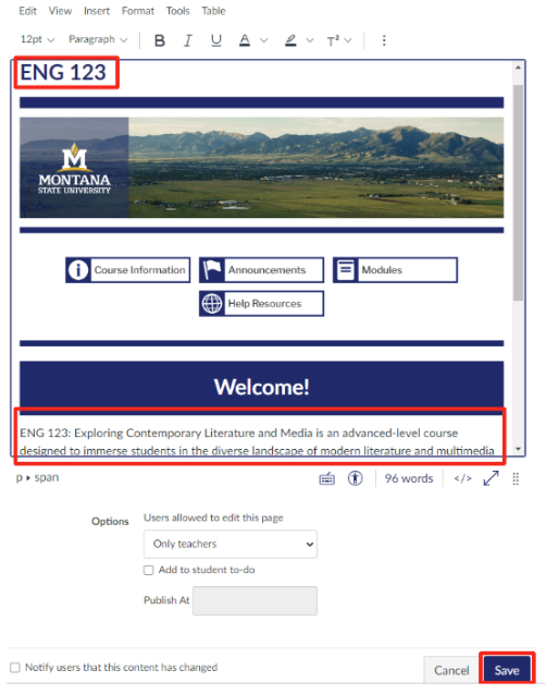 MSU branded full template with several placeholders and the save button outlined in red