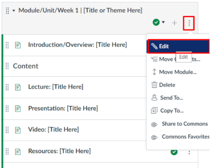 Canvas module showing a drop-down menu with the three dots that prompt the dropdown and the edit option outlined in red