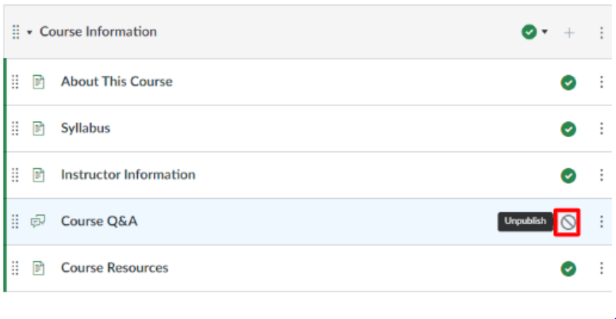 Course information module with unpublished circle outline in red
