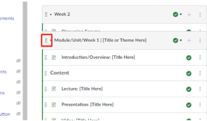 Canvas module with the 8 dots to the left of the module name outlined in red.