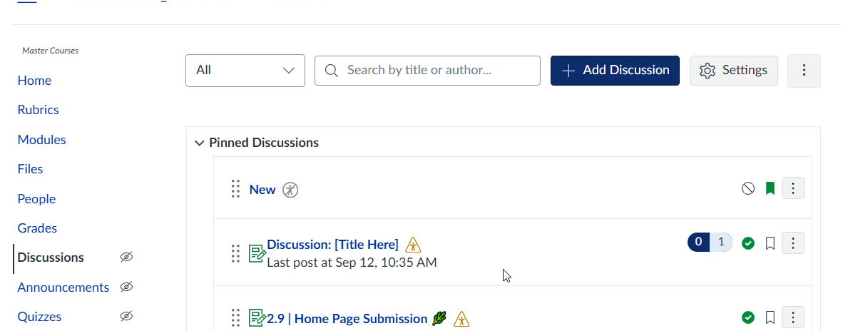 discussion area of Canvas with the +discussion button in the right-hand corner