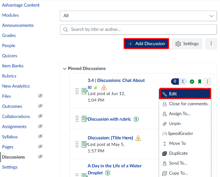 discussion forum with +discussion button and edit button outlined in red and 