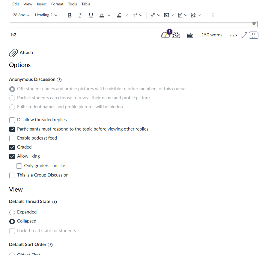 Setting options for discussions