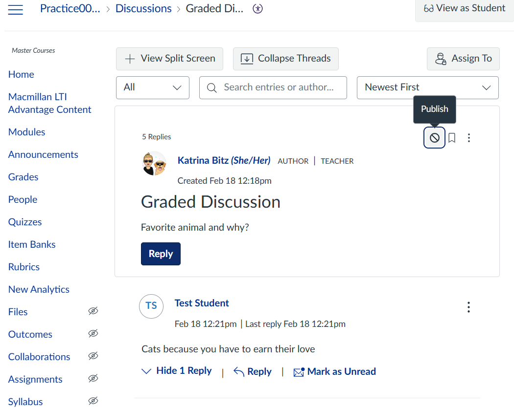 discussion preview window where you can choose to publish and view student comments