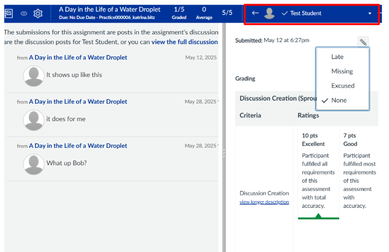 speedgrader view of discussion with a rubric
