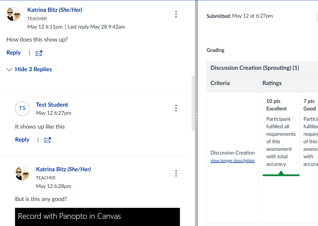 Full thread view of student submissions in discussion