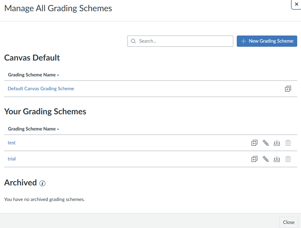 Manage grading schemes area with all grading schemes listed with options to edit, duplicate, and delete