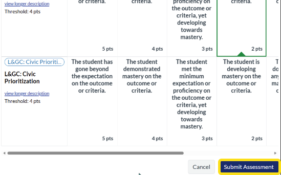 Canvas rubric in Speedgrader with the Submit Assessment button highlighted in the bottom right-hand corner