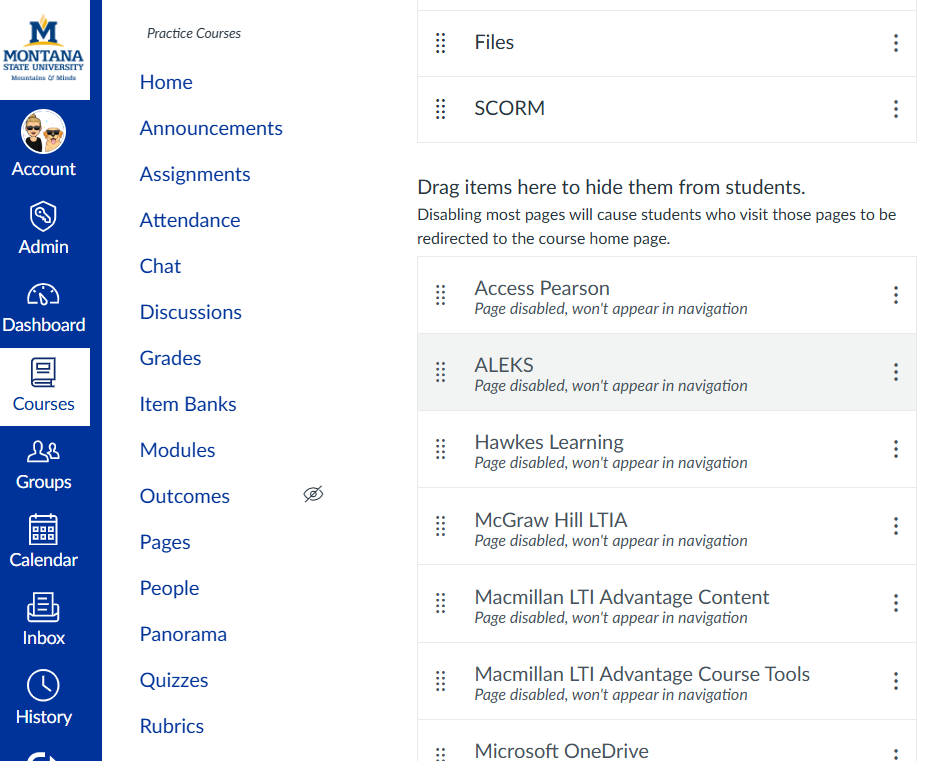 Navigation area within Canvas settings displaying several publisher links. 