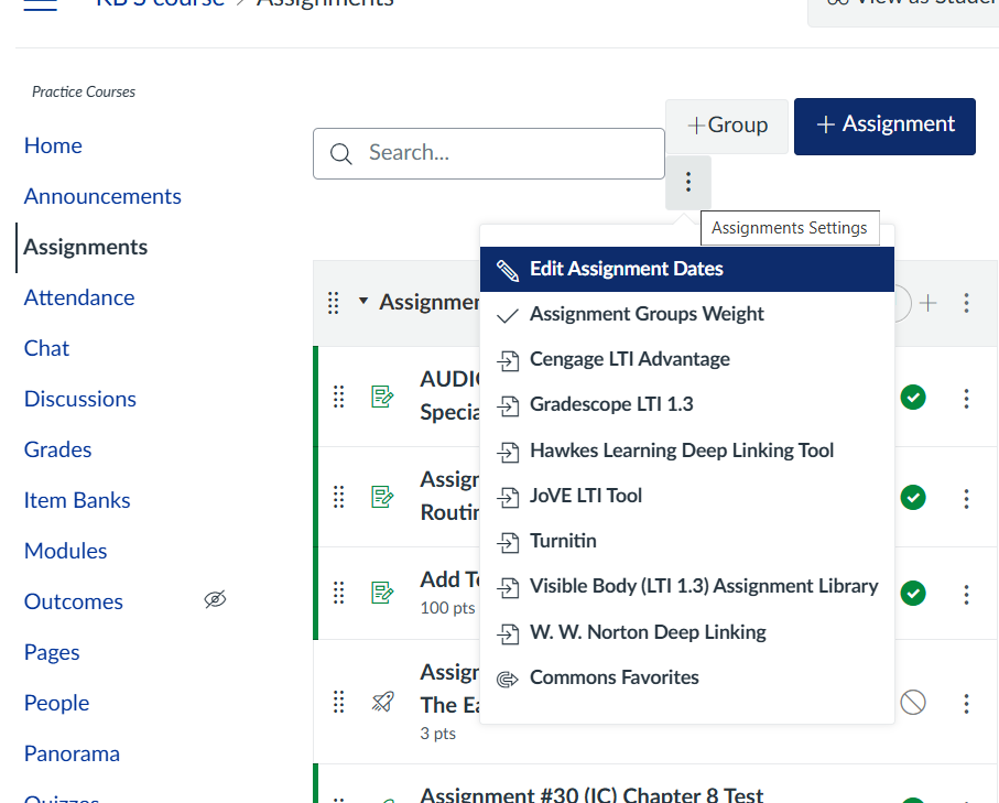 Assignments area of Canvas with a dropdown list of various LTIs