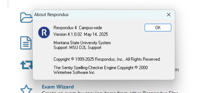 Grey box in Repondus app showing which version of Respondus is running on the local computer