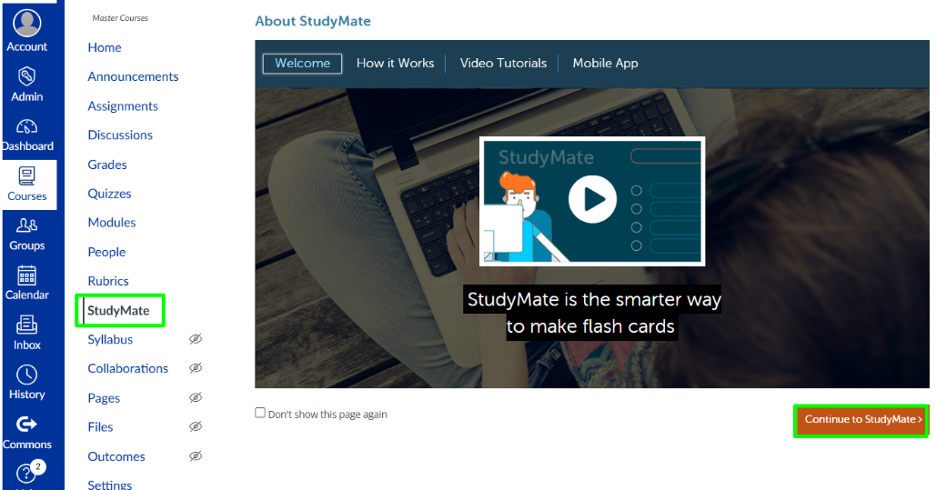 Studymate home page with continue to studymate button outlined in green