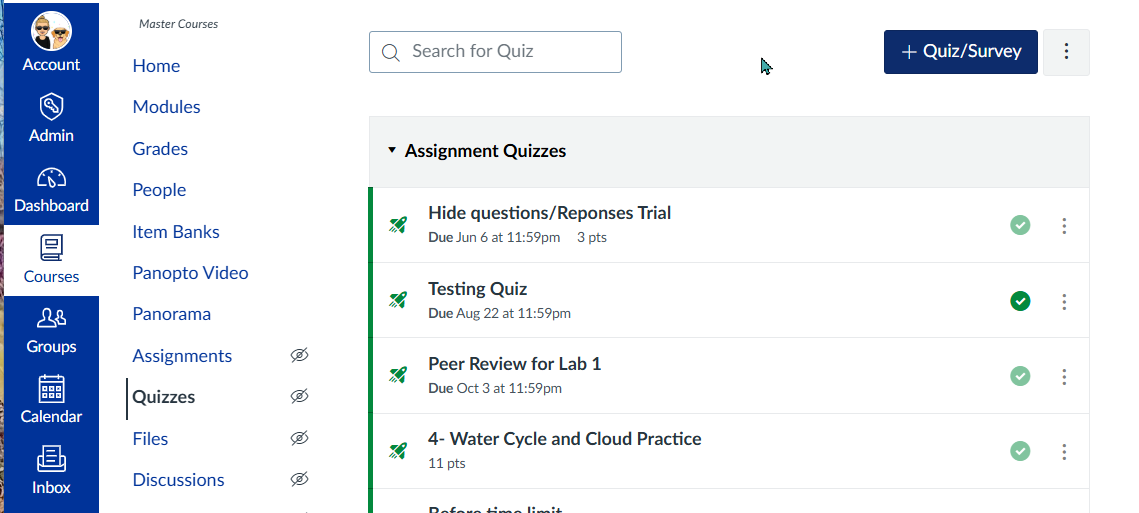 Canvas quiz area with a button that reads + Quiz/Survey