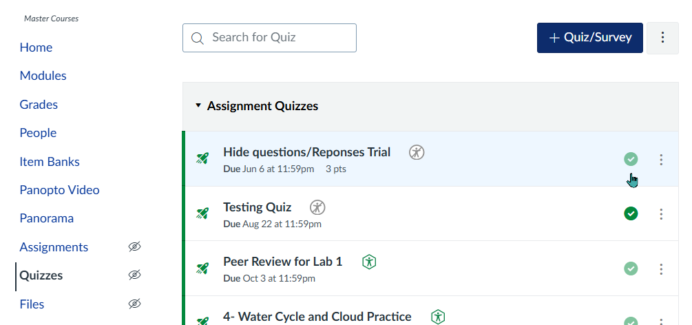 List of quizzes with the green publish circle in focus