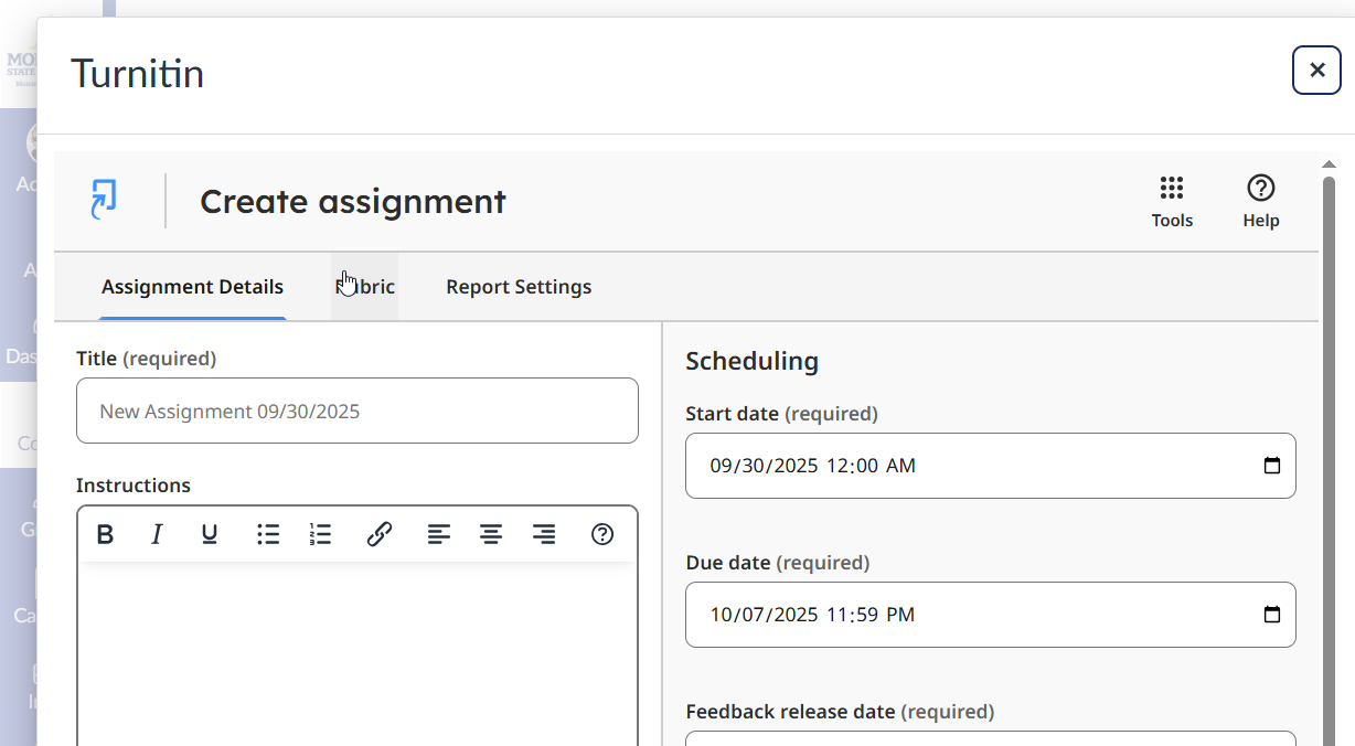 Create assignment window of Turnitin in Canvas 