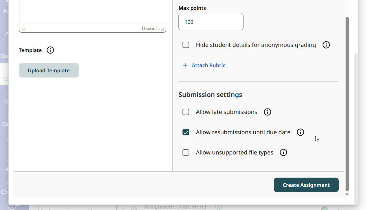 Turnitin window of Canvas with Create Assignment selected