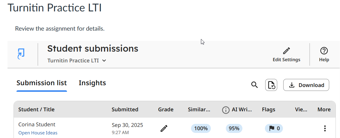 Turnitin assignment with submissions
