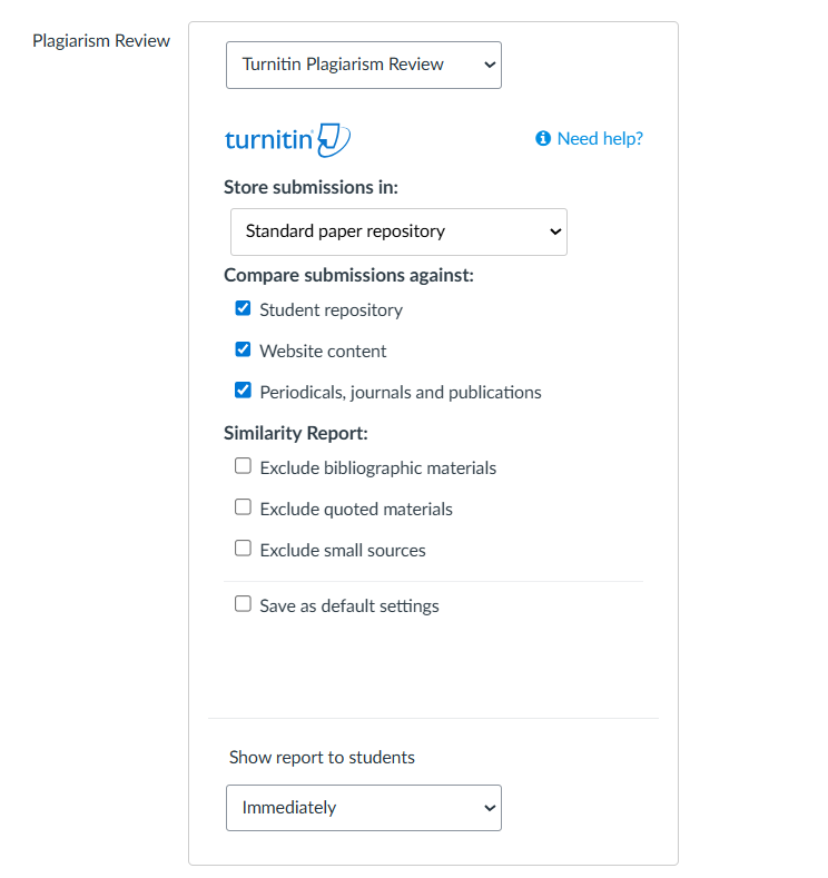 Turnitin options for the assignment
