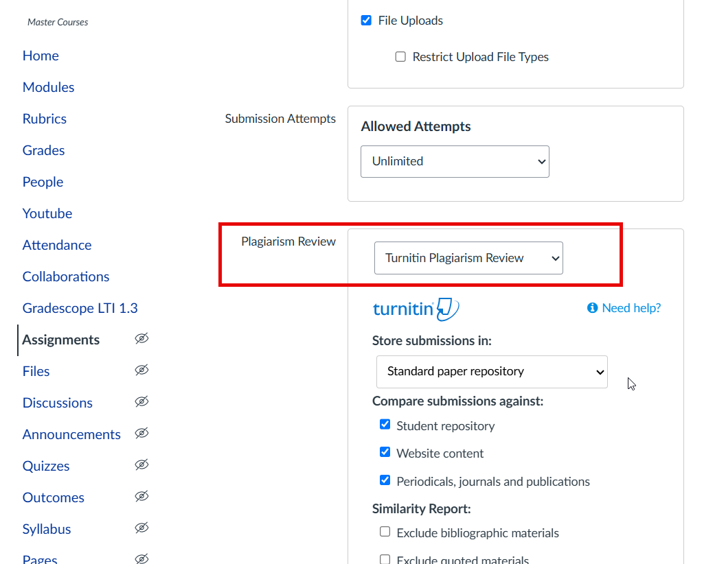 Turnitin settings box enabled in a Canvas assignment with choices of what you want Turnitin to scan and how the results are seen by students
