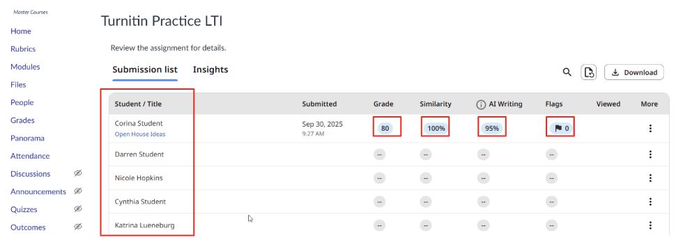 Turnitin Feedback Submission page with several areas outlined in red