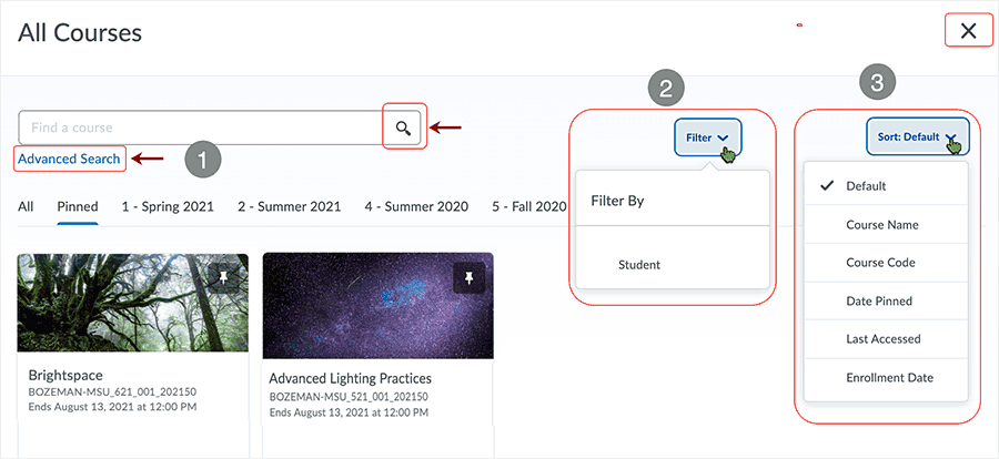 Brightspace screenshot - CD 20_21_06 - after selecting "View All Courses" the "All Courses" page displays