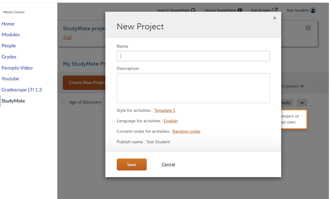 New project settings window with button to create a new project in the background