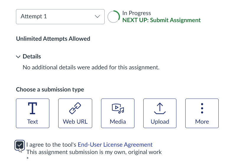Canvas assignment submission page asking students to click a box agreeing to the user terms of Turnitin
