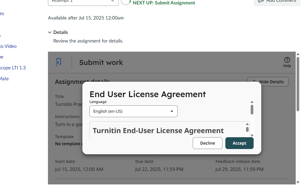 user agreement for students using turnitin for the first time with decline and accept buttons